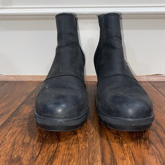 SOREL Waterproof Sz 8 Black Distressed Leather Whimsigoth Grunge Wedge Booots - Picture 11 of 12